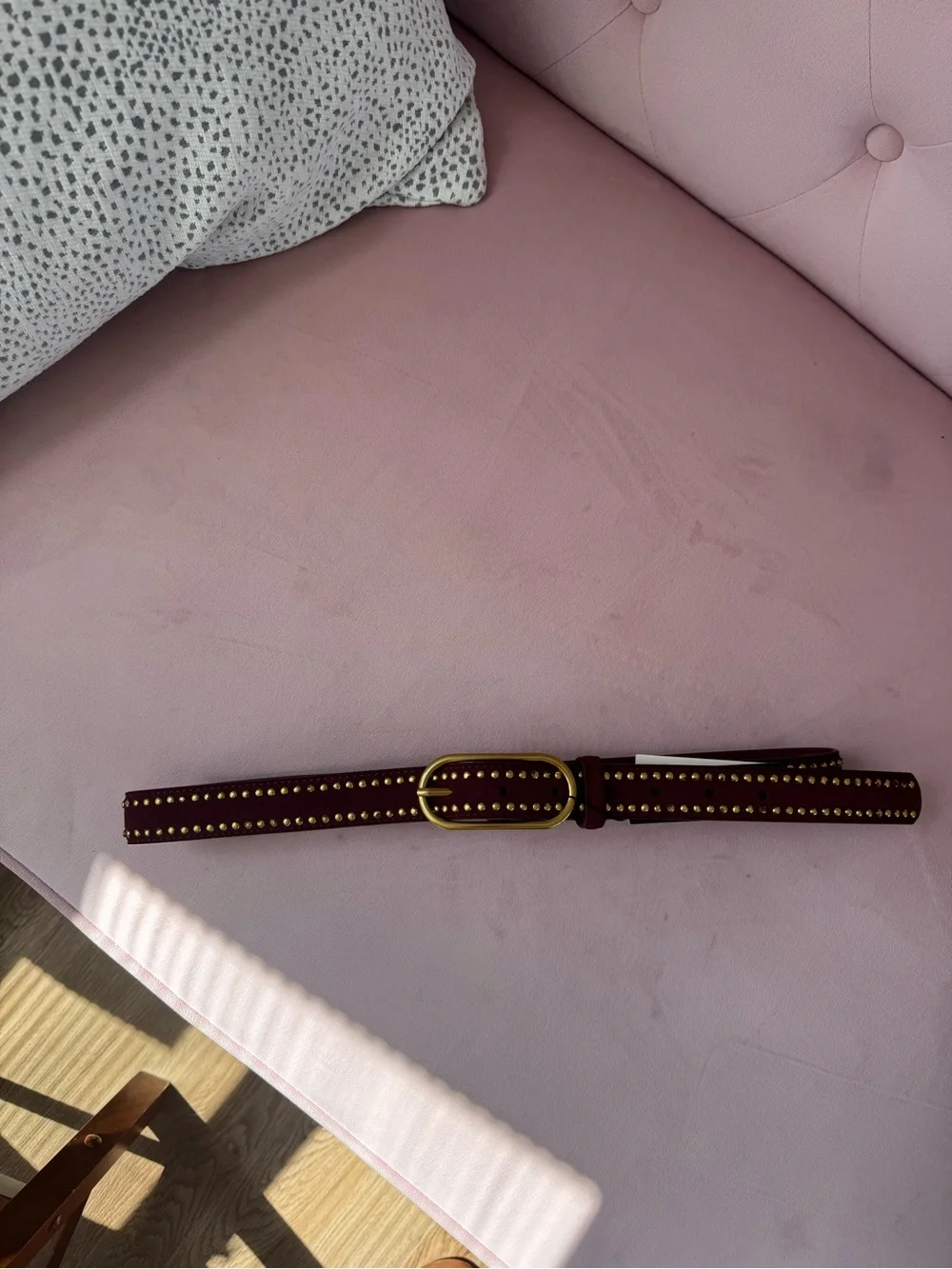 Studded Burgundy Suede Belt with Gold Buckle
